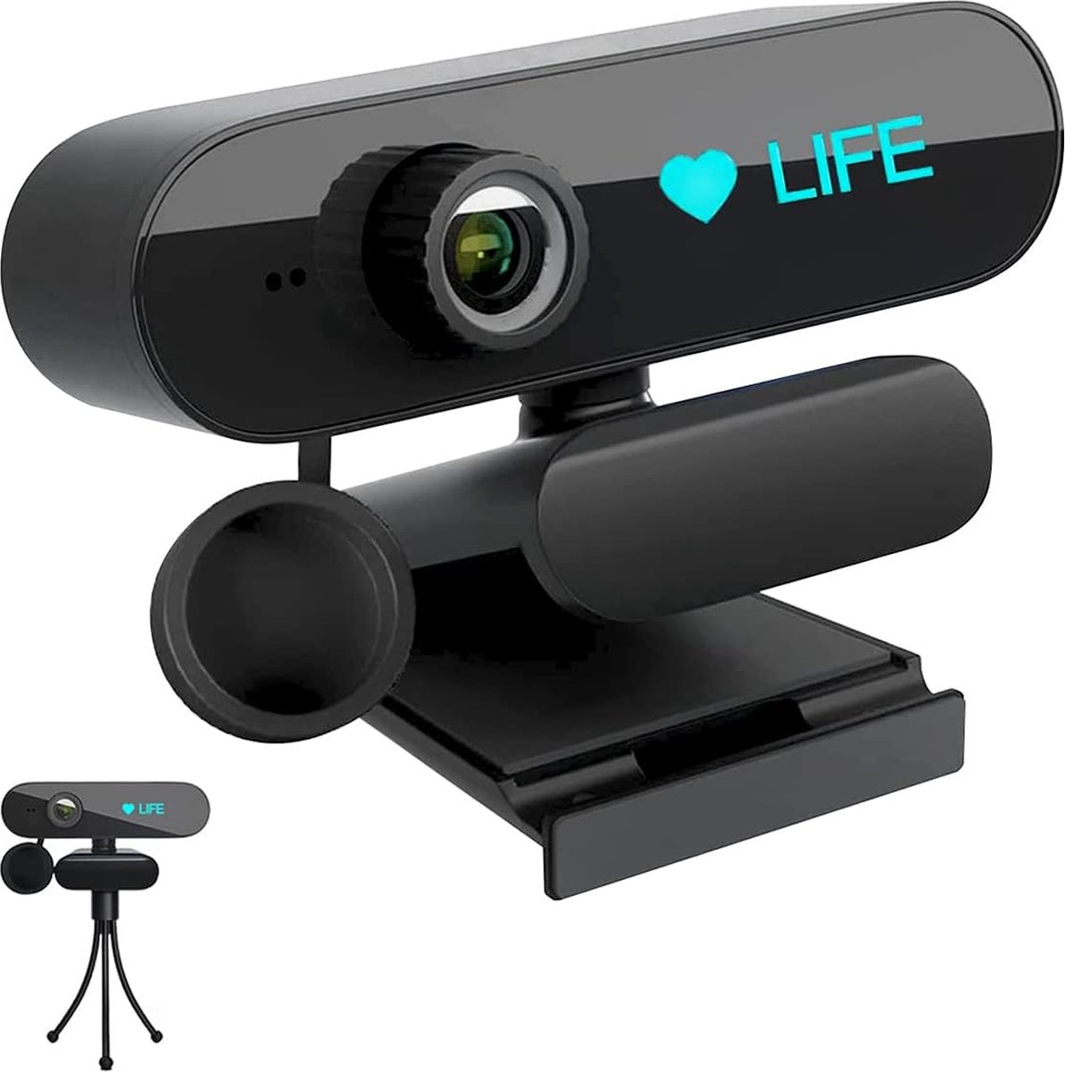 DiverseGoods Webcam met Microfoon en Statief - 1080P Camera met Cover en Bluetooth Adapter - Schoonheidseffect, Plug & Play USB, 90° Gezichtsveld, Belichtingscompensatie, Ruisonderdrukking - Geschikt voor PC, Windows en Mac