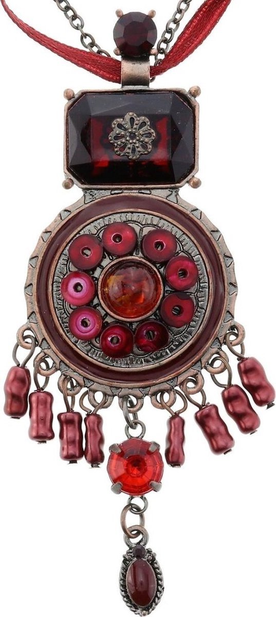 Behave - ketting rood lint antiek goudkleur hanger - boho romantiek