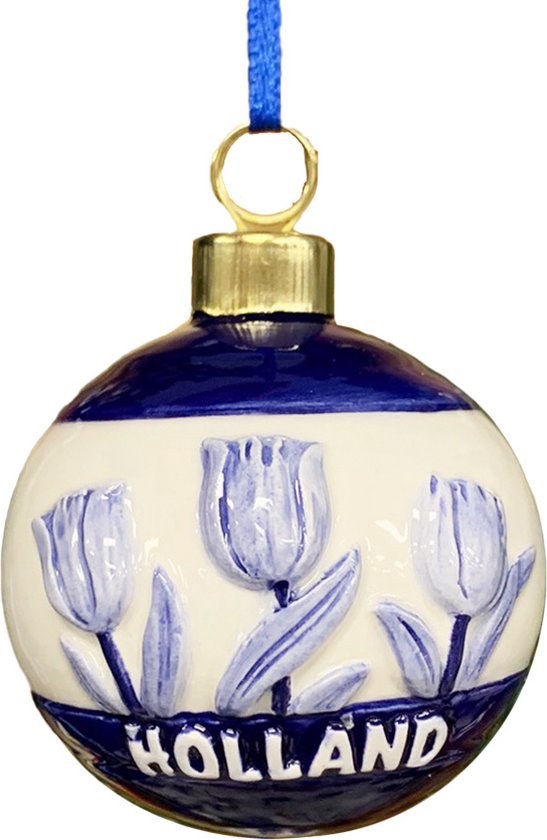 Pendentif pour sapin de Noël, boule de Noël hollandaise, tulipes en bleu de Delft
