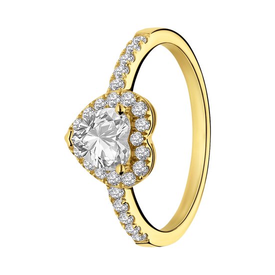 Bague dorée avec un zircone en forme de cœur, entouré de petites pierres sur le corps de la bague.