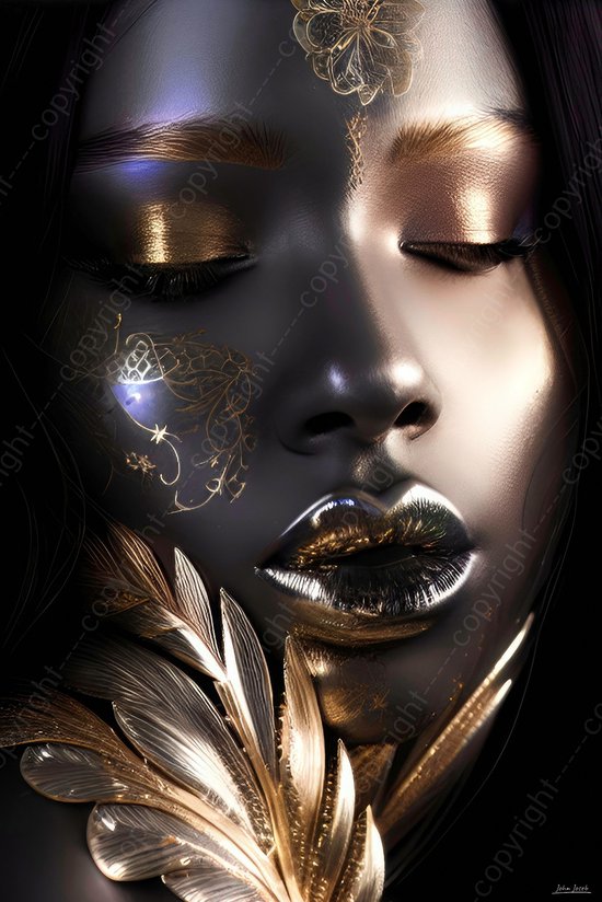 JJ-Art (Canvas) 120x80 | Donkere vrouw - gezicht met goud - Fine Art geschilderde stijl - kunst - woonkamer - slaapkamer | Afrikaanse zwarte vrouw, modern | Foto-Schilderij print (wanddecoratie) | KIES JE MAAT