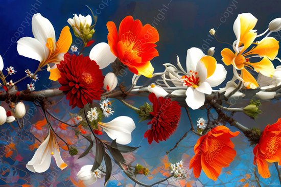 JJ-Art (Canvas) 120x80 | Bloemen op tak in geschilderde stijl – kleurrijk, felle kleuren, kunst – woonkamer slaapkamer | abstract, plant, rood, oranje, geel, blauw, groen, modern | Foto-Schilderij print (wanddecoratie)