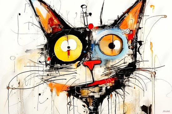 JJ-Art (Canvas) 150x100 | Gekke kat, poes. abstract modern surrealisme in Joan Miro stijl, kleurrijk, felle kleuren, kunst | dier, rood, geel, zwart, blauw, modern | Foto-Schilderij print (wanddecoratie) | KIES JE MAAT