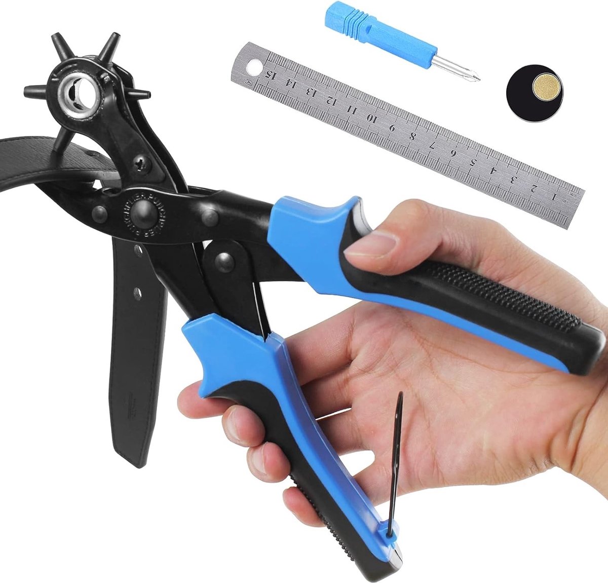 Revolvertang Volledige Set, Revolvertangen voor Zwaar Gebruik, Meerdere Maten Gaatjestang met 2 Ponsplaten & Liniaal, Gaten Maken in Horlogeband, Riemen, Kaarten, Rubber (Blauw)