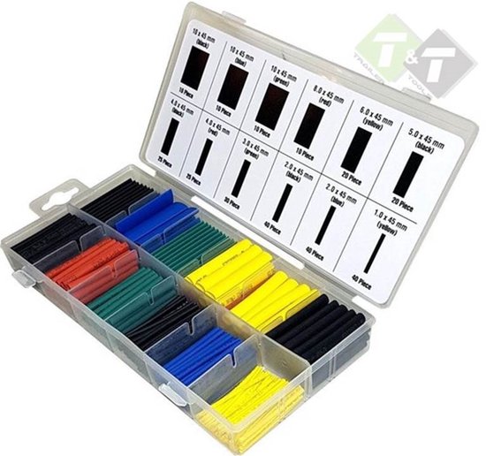 Gekleurde krimpkousen assortiment in een transparante opbergdoos. Diverse maten en kleuren zoals zwart, blauw, groen, rood, geel.