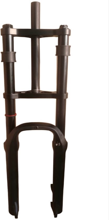 Zwarte verende voorvork voor een 20-inch fiets, met een rode ring op een van de binnenste veren.
