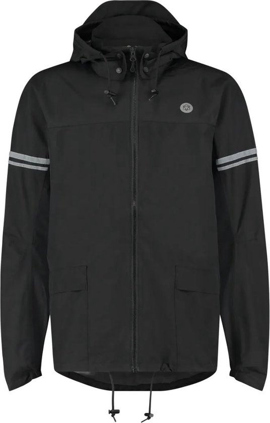 Veste noire avec capuche, fermeture éclair, deux poches et bandes réfléchissantes sur les manches.