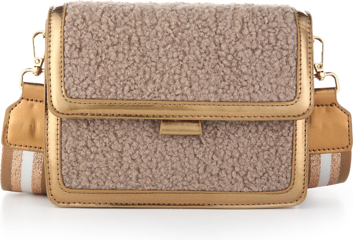 Schoudertas met faux fur en luxe band in brons-goudkleur
