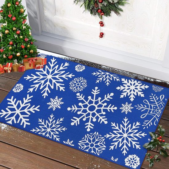 Kerst deurmat 50 x 80 cm rood indoor vloermat wasbare deurmat voor entree, keuken, slaapkamer kerstmis decoratieve deurmat antislip bedrukte sneeuwvlokken blauwe mat 50 x 80 cm