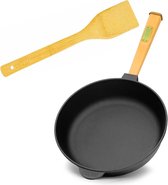 Cast Iron Frying Pan with Removable Wooden Handle and Spatula, 58mm high, 24 cm, High Rim