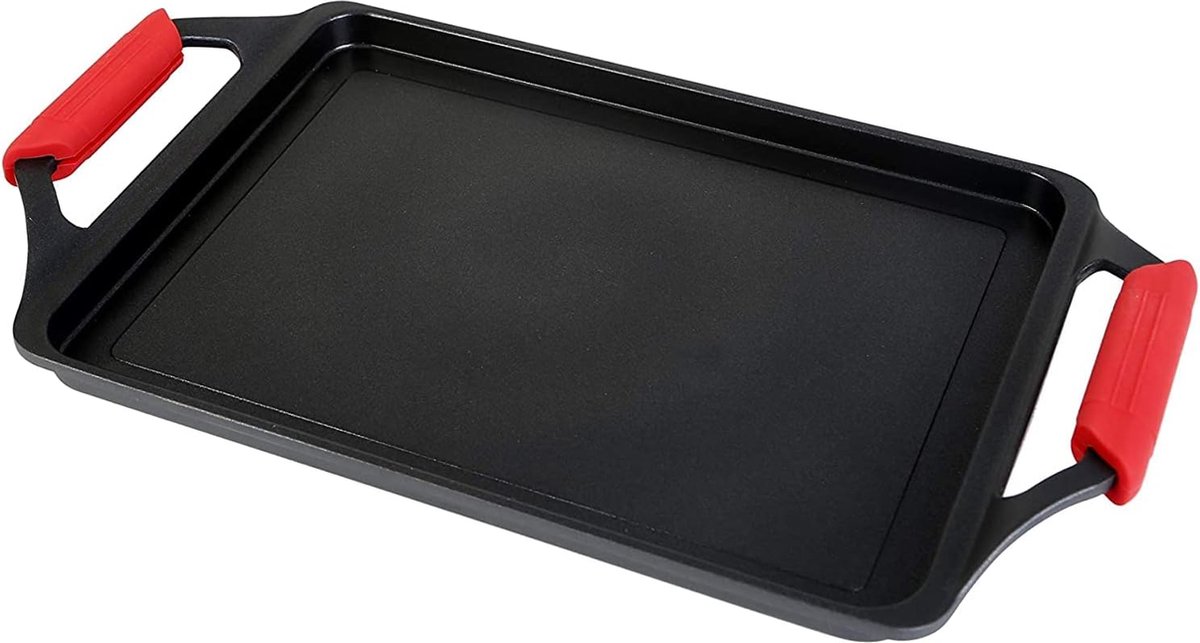 ! Ecostone Grill Plate, Induction Griddle Pan, 37 x 25 cm, Cast Aluminium, Non-Stick Coating Xtra Dupont Ecological, PFOA-Free, 5 mm Thickness, Silicone Handles, Vitro Ceramic, Gas, Oven, Black