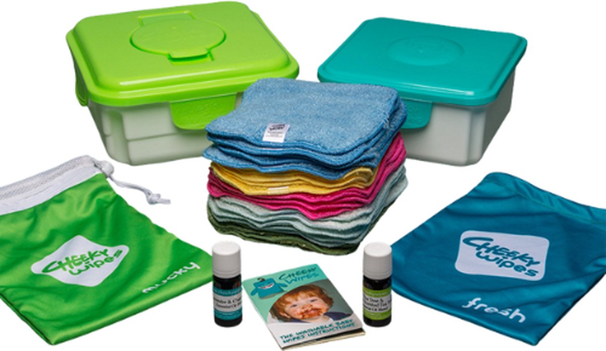 Goedkoopste Cheeky Wipes All-In-One Kit 25 Biologisch Katoenen Billendoekjes - Met Reistas - Regenboog doekjes - Incl Etherische Oliën en Container