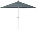 Antraciet vierkante parasol met witte stok en afgeronde hoeken.