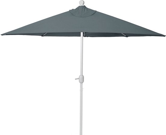 Antraciet vierkante parasol met witte stok en afgeronde hoeken.
