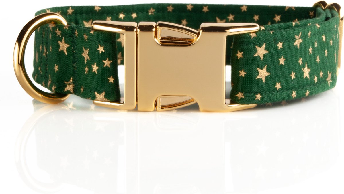 Awesome Paws halsband hond - Honden halsband groen met sterretjes - Handmade - Kerst - Sterren- Maat L