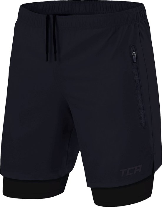 TCA Mannen Ultra 2 in 1 Hardloop Gym Shorts met Ritszakje - Marine/Zwart (2x Ritszakken), M