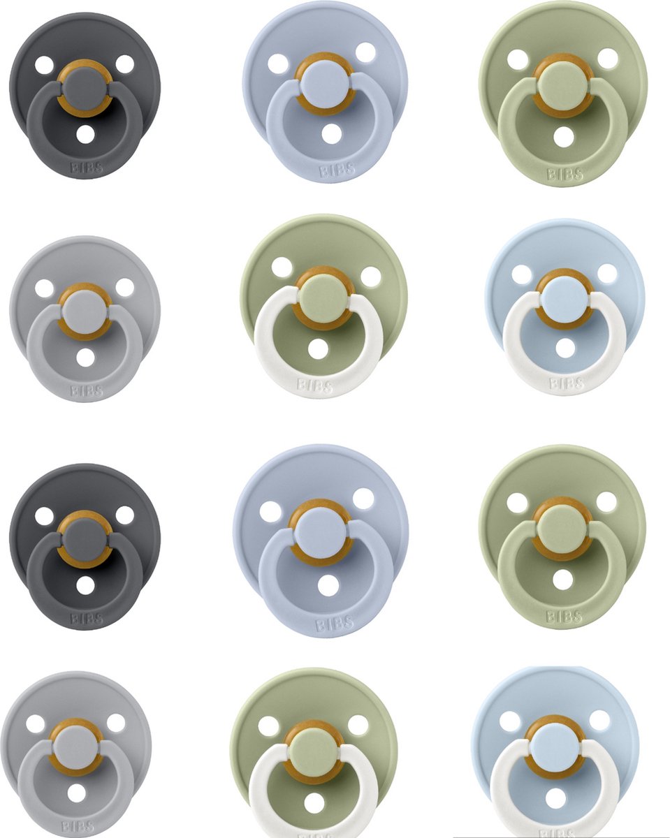 Bibs fopspeen 0-18 maand set Goofy 12 stuks Sky Blue,Deep Space,Sage,Cloud,Baby Blue Glow en Sage Glow maat 1 & 2