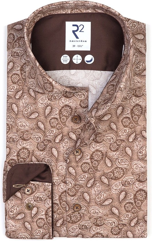 R2 Amsterdam - Overhemd Stretch Paisley Beige - Heren - Maat 40 - Modern-fit