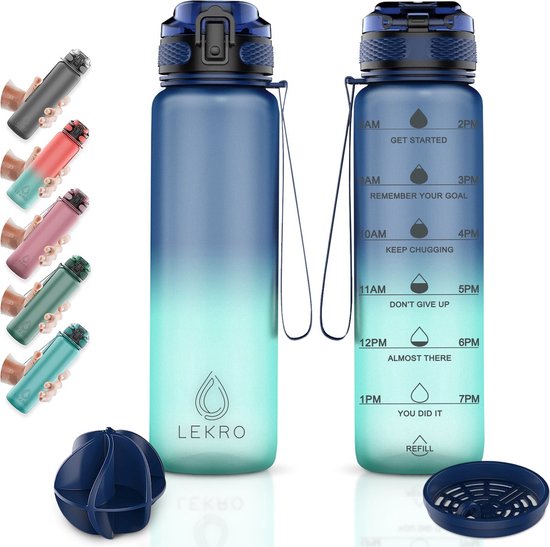 Lekro Waterfles met Tijdmarkeringen - Motiverende Drinkfles Met Fruitfilter en Shake Bal/Shaker - 1 Liter - BPA vrij - Sportfles - Blauw