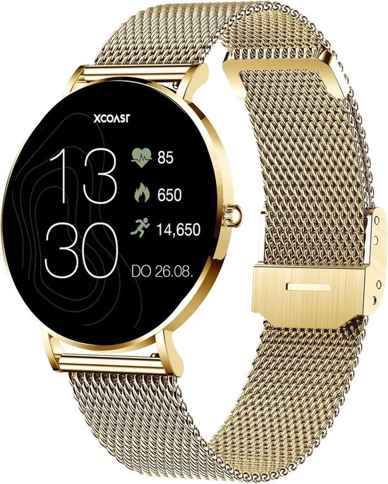 XCOAST SIONA 2 dames smartwatch (4,2 cm/1,3 inch, iOS Android) geelgoud, fitnesstracker, AMOLED, bloedzuurstofmeter, 3-delig, nieuwste generatie, ultraplat, schitterende kleuren, waterdicht, hartslag, bloeddruk