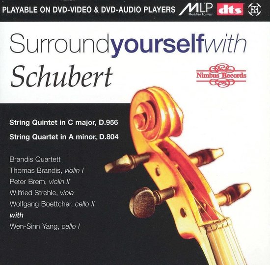 Albumhoes met close-up van een viool, met de titel 'Surroundyourselfwith Schubert'. Speelbaar op DVD-video en DVD-audio spelers.