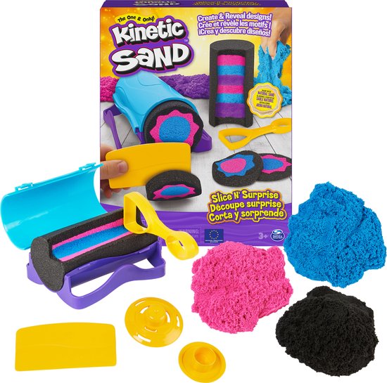 Kinetic Sand Coffret Slice N' Surprise avec 383 g de sable de jeu noir,  rose et bleu
