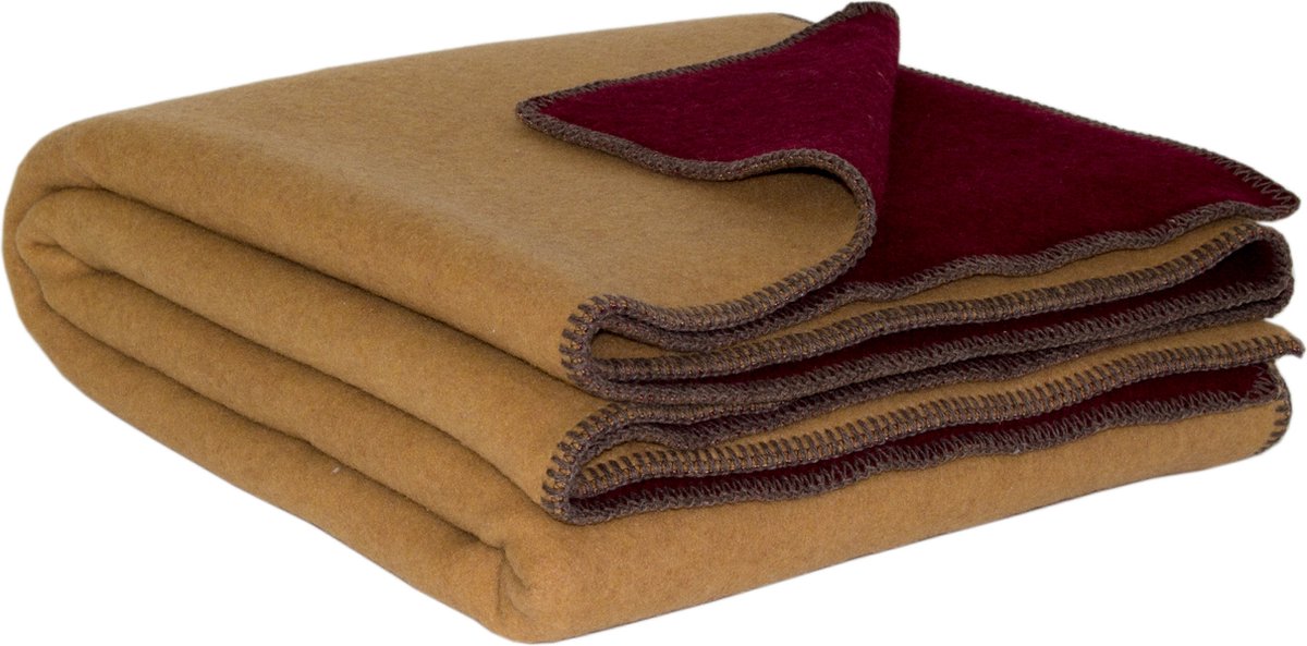 Most Wijn & Honing - 2-persoons omkeerbare bed deken - Merino wol - 200 x 220 cm - rood-geel rood, geel
