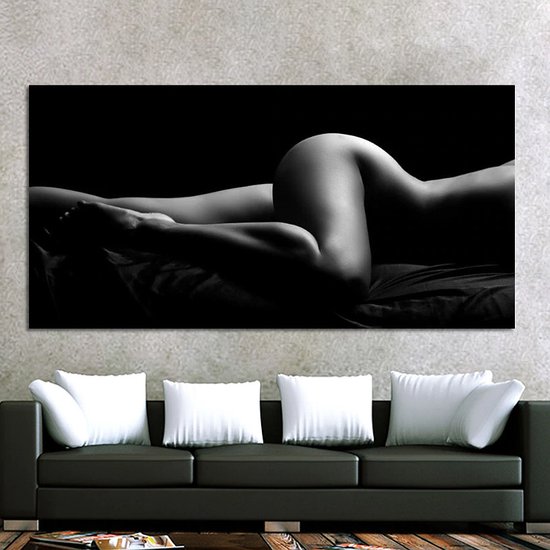 Allernieuwste.nl® Canvas Schilderij * Sexy Naakte Vrouw in Zwart Wit * - Kunst aan je Muur - Body Art Model - Zwart-wit - 40 x 80 cm