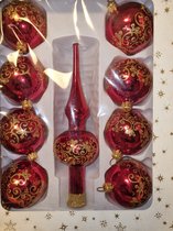 9 delige set kerstballen met piek - rood - glas