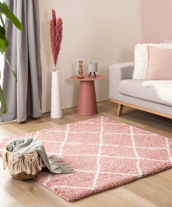 Vierkant hoogpolig vloerkleed ruiten Artisan - roze/wit 140x140 cm