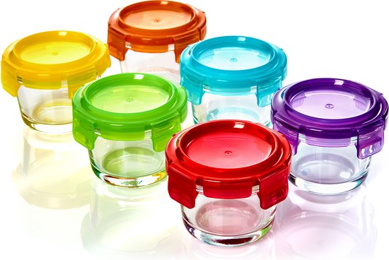 Babypotjes set van 6 kleurrijke deksels luchtdichte sluiting smaakneutraal