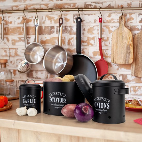 Bocaux de conservation Klarstein Granrosi Georgia - lot de 3: pour ail, oignons et pommes de terre - look rétro classique - plaque en acier émaillé