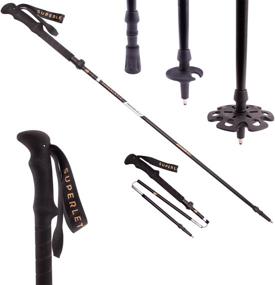 Zwarte vouwbare trekkingstokken van Superletic, met verschillende accessoires en handgrepen.