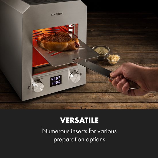 Klarstein Hannibal - Hogetemperatuurgrill, Vermogen: 2.200 W, Temperatuur: 200-850 °C, Infrarood verwarmingselement, CharForce System, Grillvlak: 18,5 x 30 cm, LED-display, Timer, zilver van Klarstein — afbeelding 4