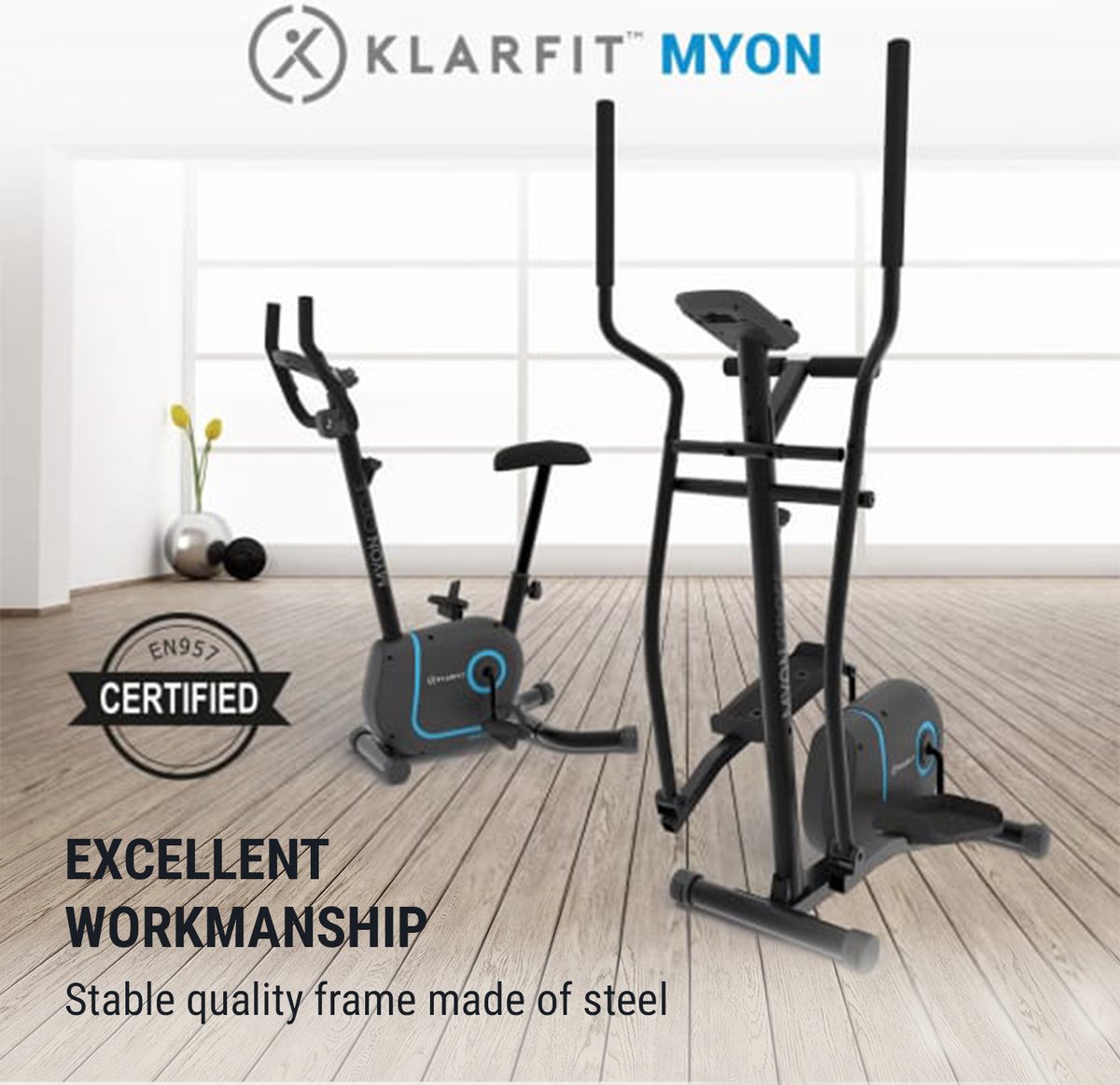 Afbeelding 2 van Klarfit Myon Cross crosstrainer - 12kg Vliegwielmassa - Magnetisch remsysteem - 8-Traps weerstand - SmartCardio Studio met Kinomap app - SilentBelt System - Polsslagmeter - Zwart