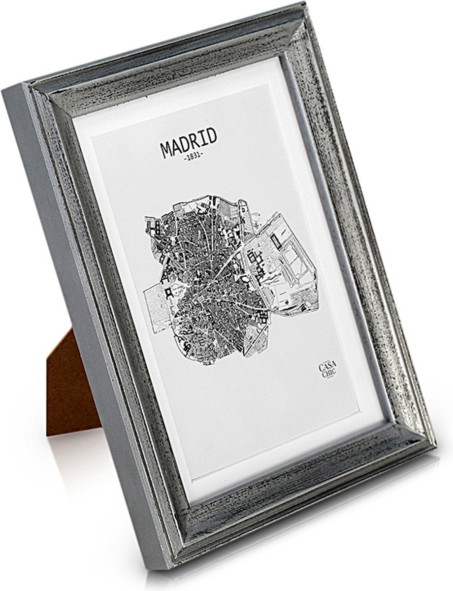 Shabby chic fotolijst 17 x 12 cm - Glasfront - met passe-partout voor 10x15 foto's - 2 cm lijstbreedte - Echt hout - Zilver