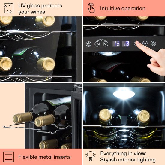 Detailopnames van Klarstein wijnkoeler: UV-glas, intuïtieve bediening, flexibele metalen inserts en stijlvolle binnenverlichting.