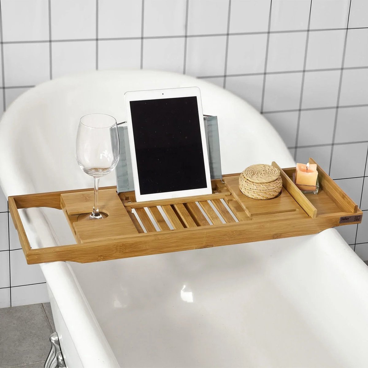 Rootz Uitschuifbaar Bamboe Badkuiprek - Caddybakje met Boekensteun iPad Telefoon Wijnhouder