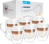 Dubbelwandige glazen met oor van Wessper - 350 ml - ideaal voor thee, koffie, cacao, cappuccino, Latte Macchiato - Thermoglazen - 6 stuks