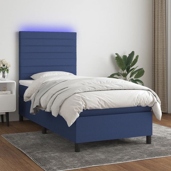 The Living Store Bed Boxspring - Blauw - 100 x 200 cm - LED-verlichting - Pocketvering matras - Huidvriendelijk topmatras