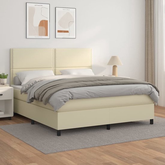 The Living Store Boxspringbed - Crème - Kunstleer - 203x160x118/128 cm - Met verstelbaar hoofdbord - Pocketvering matras - Middelharde ondersteuning - Huidvriendelijk topmatras