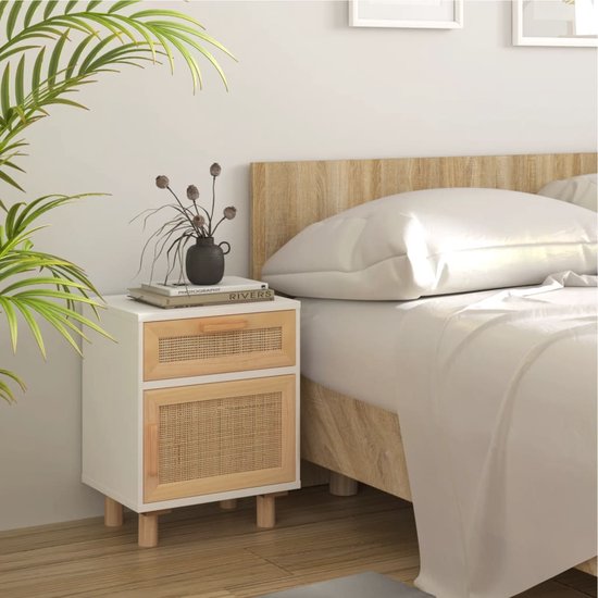 The Living Store Table de chevet en bois de pin massif et rotin naturel blanc - Cabinet