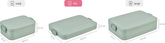 Drie Mepal lunchtrommels: midi, flat en large, in de kleur groen, met afmetingen.