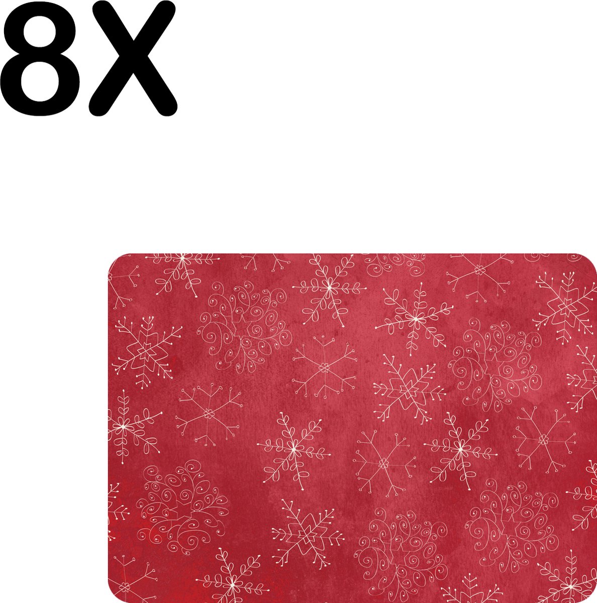 BWK Stevige Placemat - Rood - Wit - Kerst Patroon - Sneeuwvlok - IJskristal - Ster - Set van 8 Placemats - 35x25 cm - 1 mm dik Polystyreen - Afneembaar