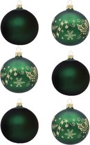 Sfeervolle Groene Kerstballen met Kerstpatroon met Zuurstokken en Kerstklokjes & effen mat groen - Doosje met 6 glazen kerstballen