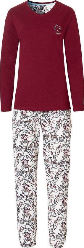 By Louise Essential Dames Pyjama Set Lang Katoen Bordeaux Met Print - Maat L