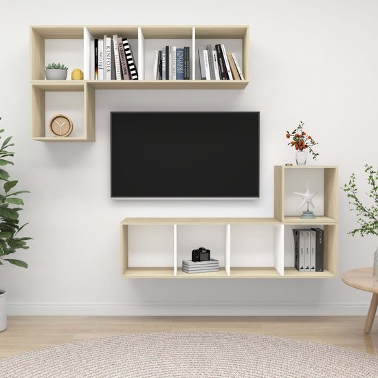 The Living Store Televisiewandmeubelset - Wit en Sonoma Eiken - 2x TV-meubel- 37x37x37cm - 2x TV-meubel- 37x37x142.5cm
