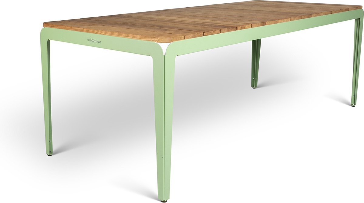 Weltevree | Bended Table Wood | Duurzame Tuintafel Hout & Staal 90 x 220 cm | Eettafel Buiten Essenhout, Tuinmeubel | Tuin Tafel 8 Personen | Lichtgroen