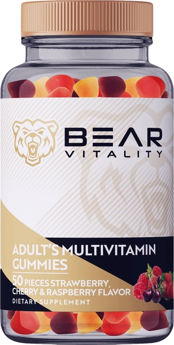 Bear Vitality Adults - Multivitamine Gummies met Vitamine B12, Vitamine D2, Vitamine C, Zink, Biotine en meer - Vegan & Glutenvrij - 50 Stuks - Tot wel 50% Volumekorting!