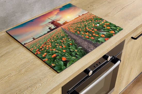Inductiebeschermer - Molen met Tulpen - 78x52 cm - Inductiebeschermer - Inductie Afdekplaat Kookplaat - Inductie Mat - Anti-Slip - Keuken Decoratie - Keuken Accessoires